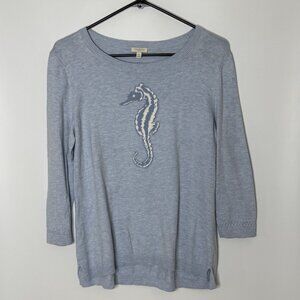 Talbots Scoop Neck Baby Blue 3/4 Sleeve Cotton Blend Seahorse Graphic Sweater MP